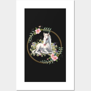 Cute Baby Unicorn With A Flower Border Posters and Art